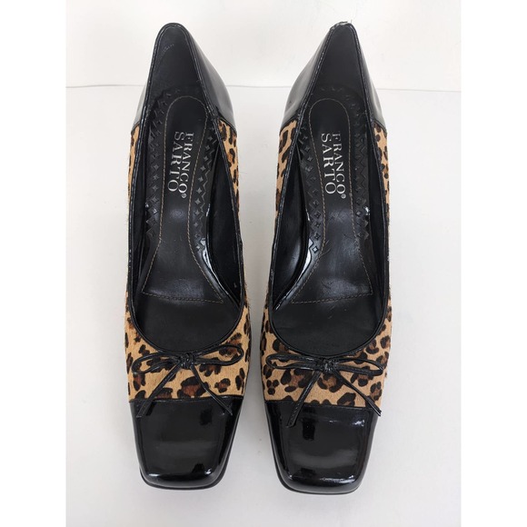 Franco Sarto Leopard Cheetah Print Calf Hair Square Cap Toe Bow Y2K Heels Sz 8 - Picture 4 of 6